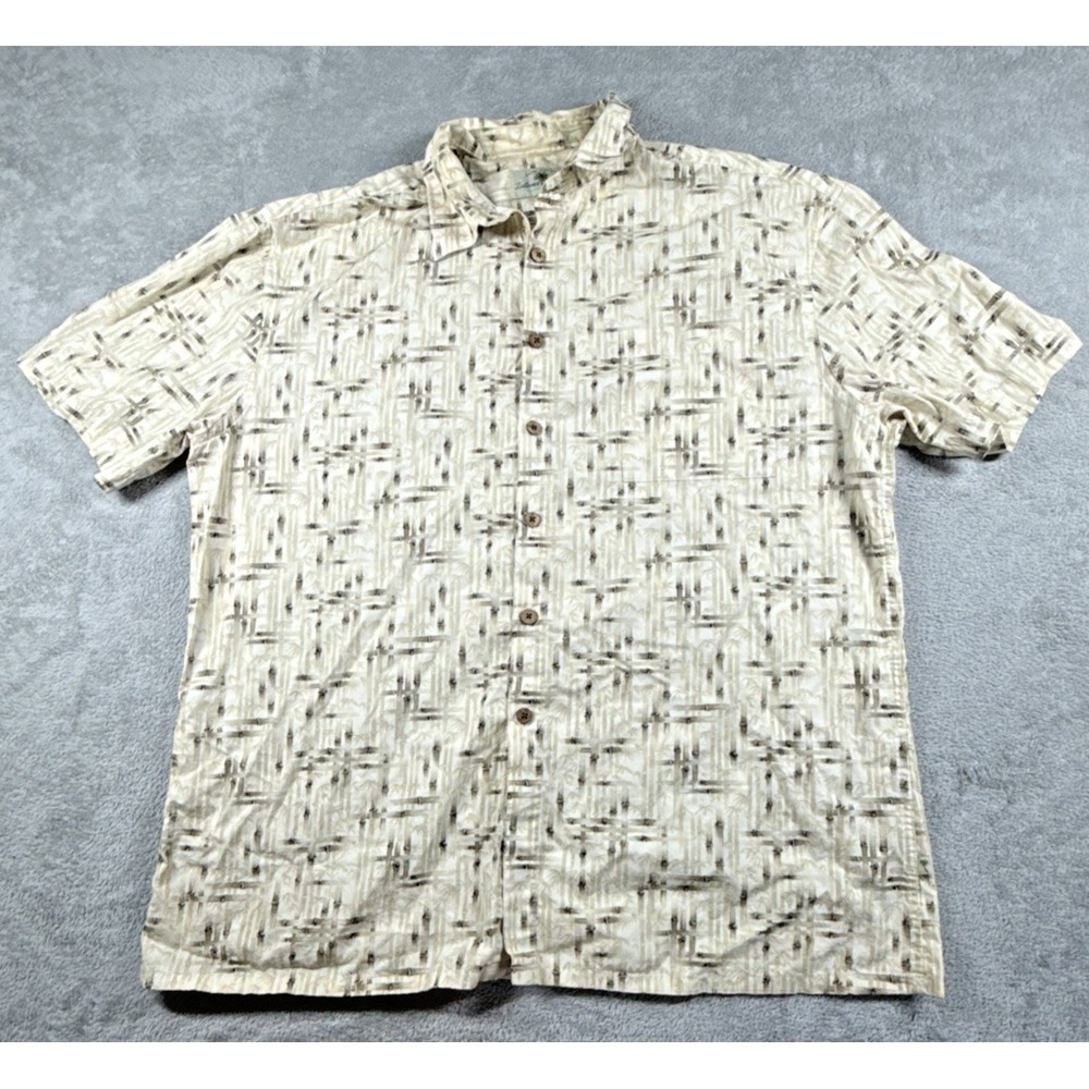 Island Shores Men's Button-Up Bamboo‎ Print Hawaiian Shirt Khaki Size XL